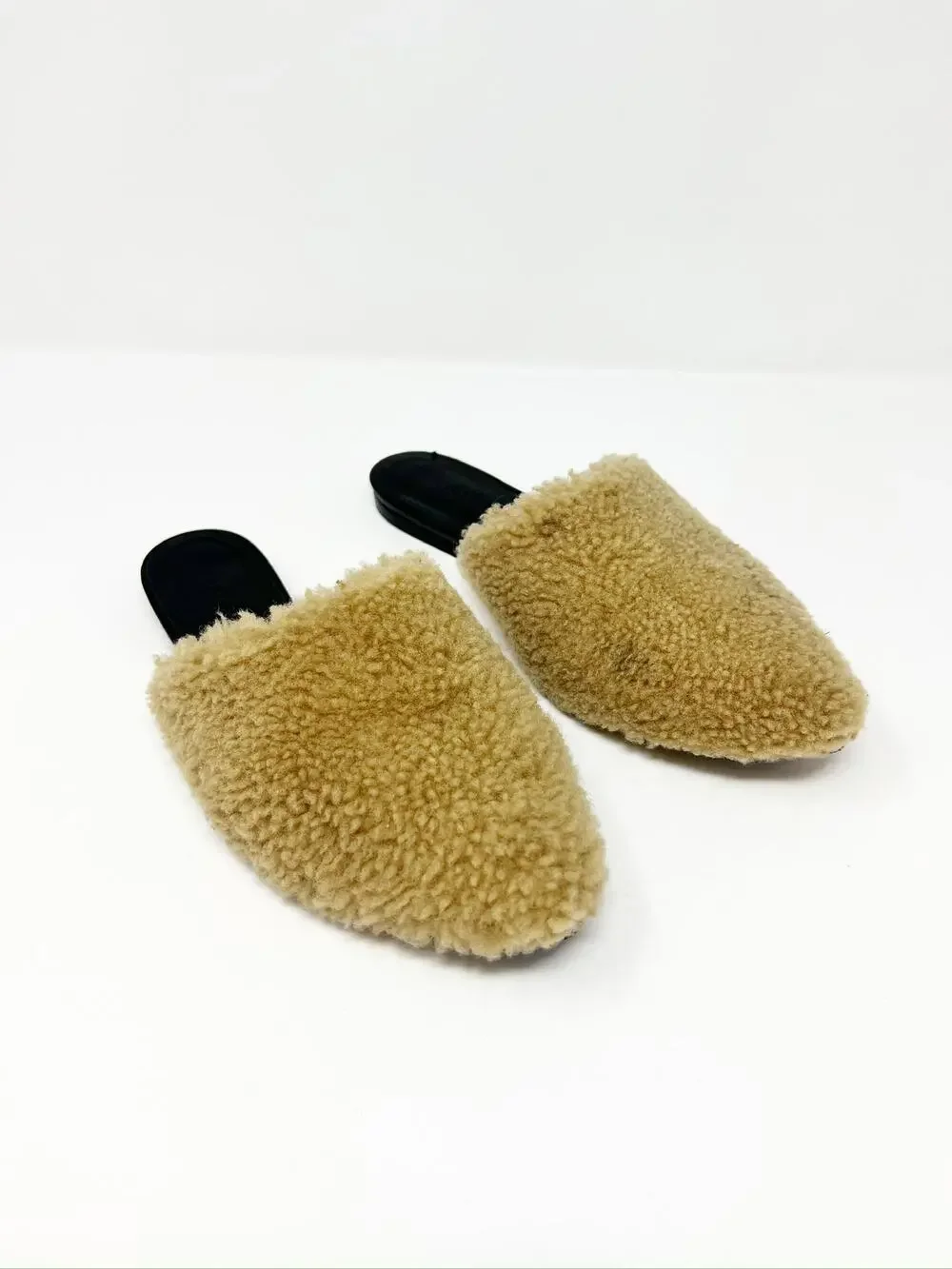 Jenni Kayne Shearling Flat Pointy Toe Mule Slip On Shoe Natural Brown EU 37